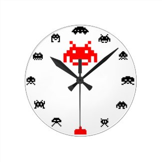 Space Alien Invader Wall Clock - Black/Red