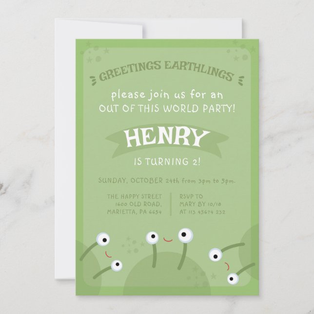 Space Alien Invitation for Birthday Party UFO (Front)