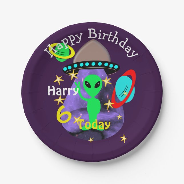 Space Alien Outer Space Cute Kids Birthday Party Paper Plates (Front)