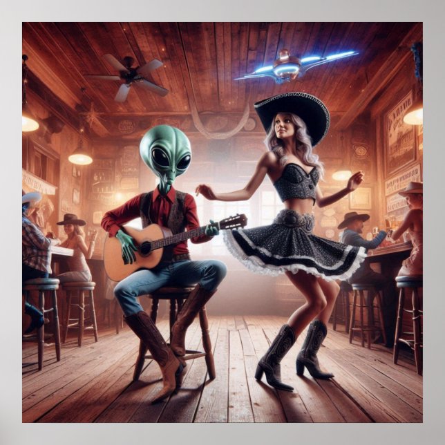 Space Alien Playing Guitar Cowgirl Dancing Poster (Front)