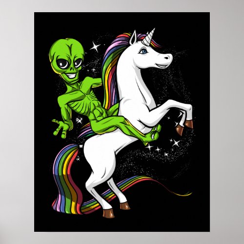 Space Alien Riding Magical Unicorn UFO Poster