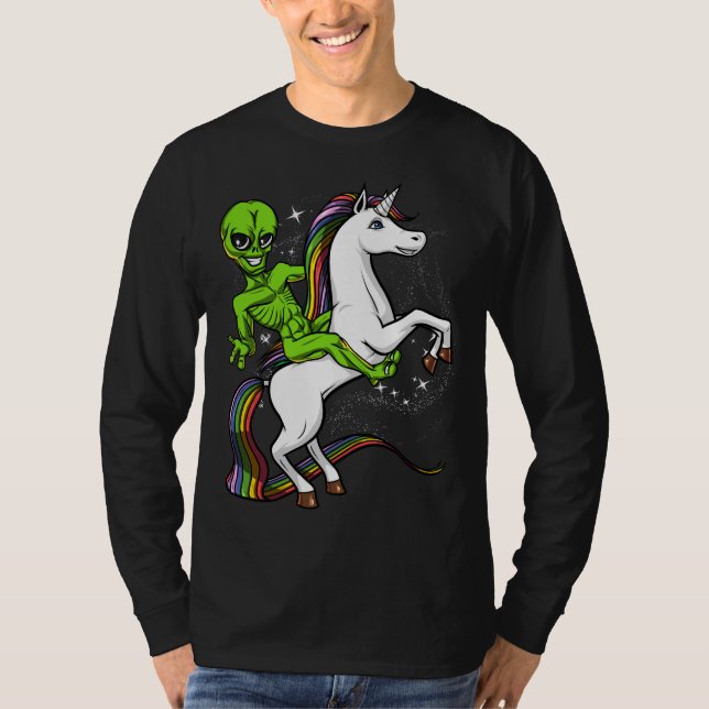 Space Alien Riding Magical Unicorn UFO T-Shirt (Front)