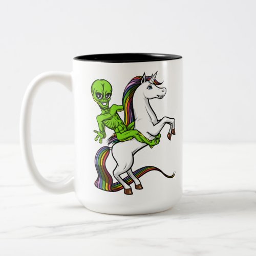Space Alien Riding Magical Unicorn UFO Two_Tone Coffee Mug