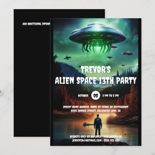 Space alien UFO birthday theme adventure party Invitation (Front/Back)