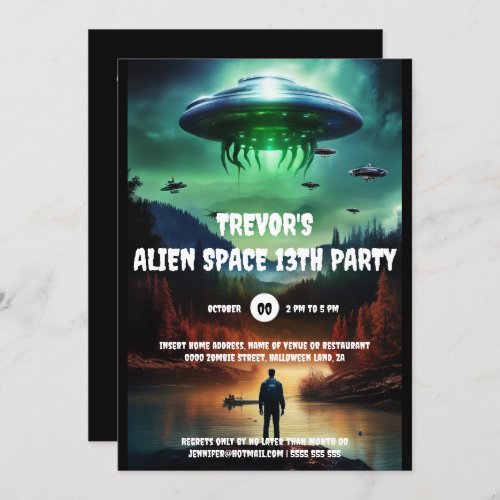 Space alien UFO birthday theme adventure party Invitation