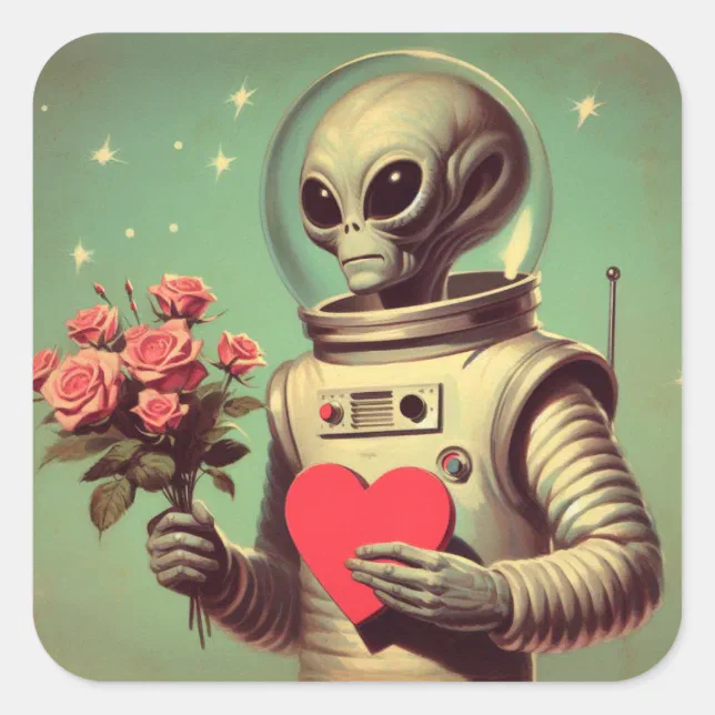 Space Alien Valentine Sci Fi Romantic Valentine's Square Sticker | Zazzle