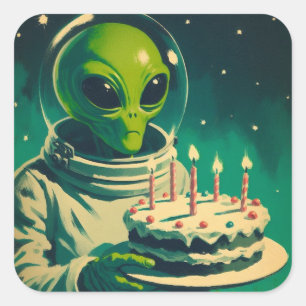 Space Alien with Birthday Cake UFO Flying Saucer  Square Sticker