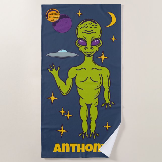 Space Alien with Flying Saucer Personalized Beach Towel (Front)