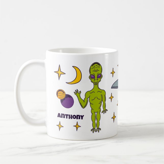 Space Alien with Flying Saucer Personalized Coffee Mug (Left)
