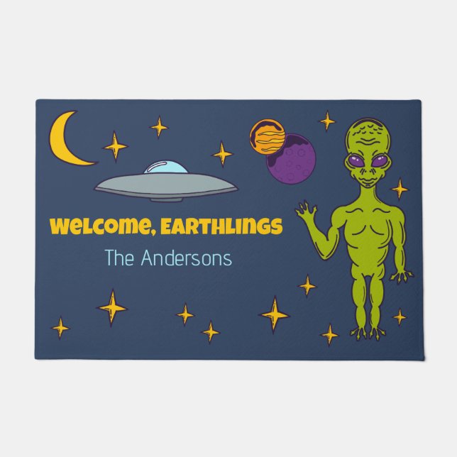 Space Alien with Flying Saucer Personalized Doormat (Front)