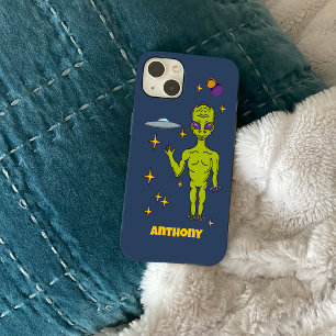 Space Alien with Flying Saucer Personalized iPhone 14 Case