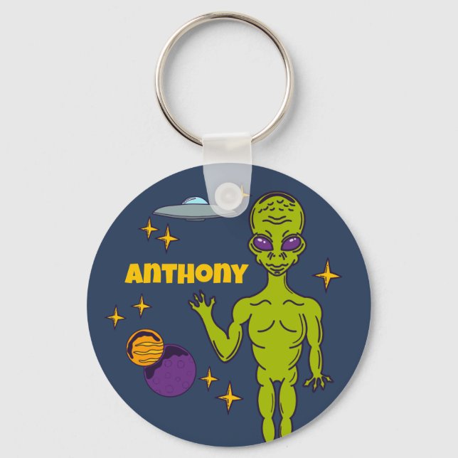 Space Alien with Flying Saucer Personalized Keychain (Front)