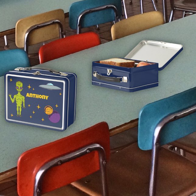 Space Alien with Flying Saucer Personalized Metal Lunch Box (Creator Uploaded)