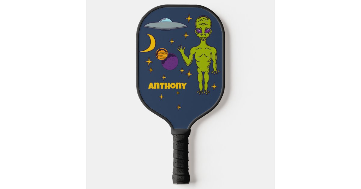 Space Alien with Flying Saucer Personalized Pickleball Paddle | Zazzle