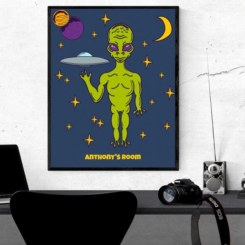 Space Alien with Flying Saucer Personalized Poster
