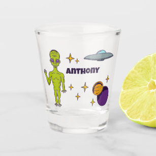 Space Alien with Flying Saucer Personalized Shot Glass