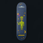 Space Alien with Flying Saucer Personalized Skateboard<br><div class="desc">Create an out-of-this-world personalized gift. This skateboard deck features illustrations of a lime green space alien,  a ufo or flying saucer,  stars,  a moon and planets and is ready to be personalized with a name.</div>