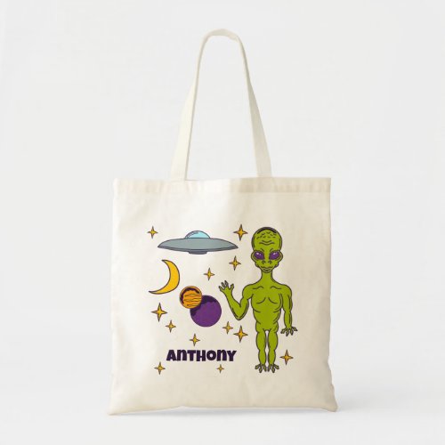 Space Alien with Flying Saucer Personalized Tote Bag