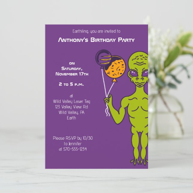 Space Alien with Planet Balloons Birthday Party Invitation (Standing Front)