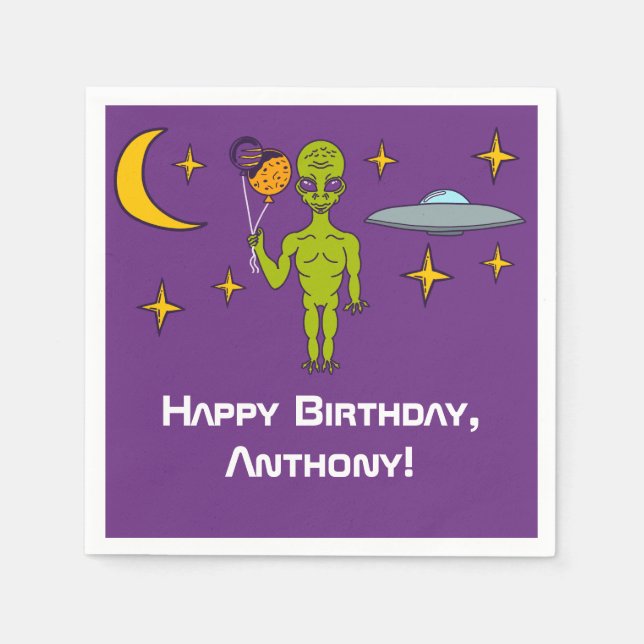 Space Alien with Planet Balloons Birthday Party Napkins (Front)