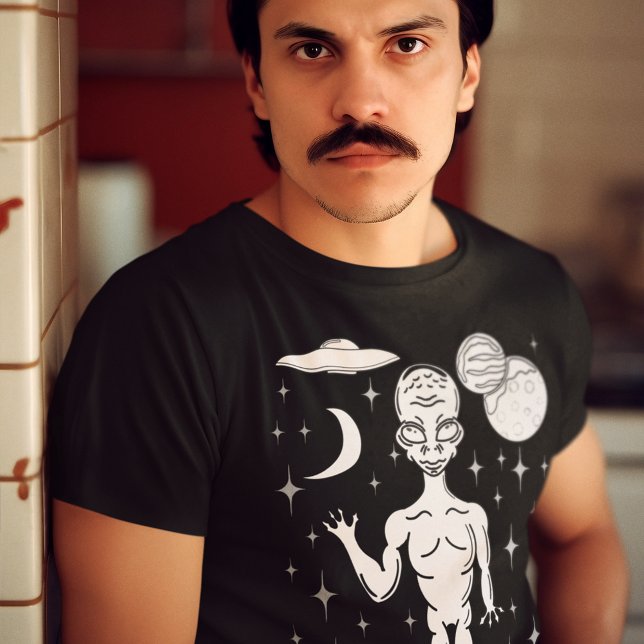 Space Alien with Planets, Stars and Flying Saucer T-Shirt (Creator Uploaded)