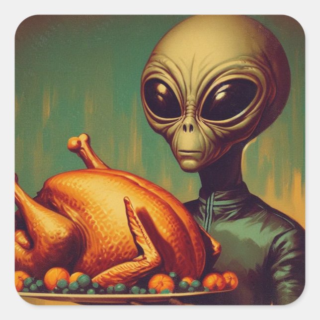 Space Alien with Thanksgiving Turkey Retro Square Sticker (Front)