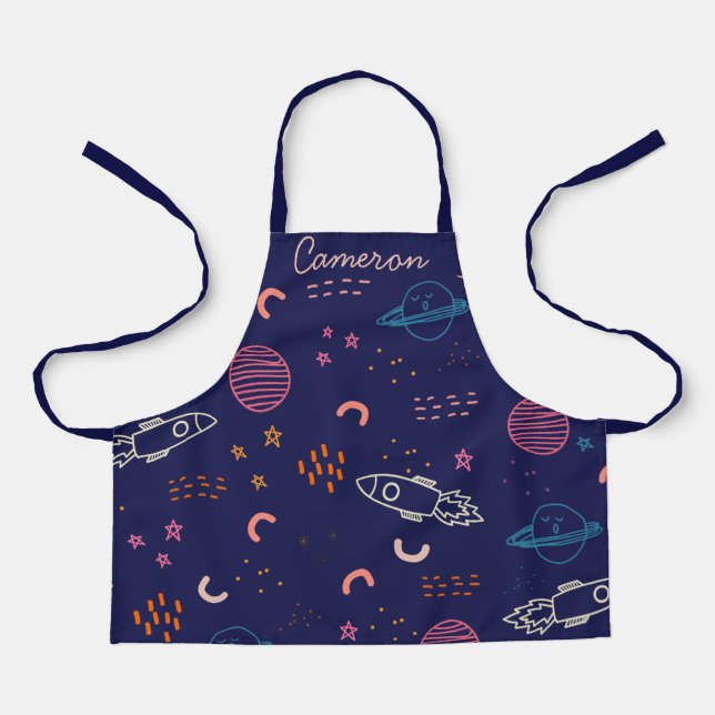 Space and Planets Doodle in Blue Personalized Apron (Front)