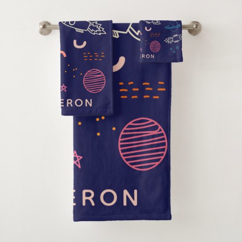 Space and Planets Doodle in Blue Personalized Bath Towel Set