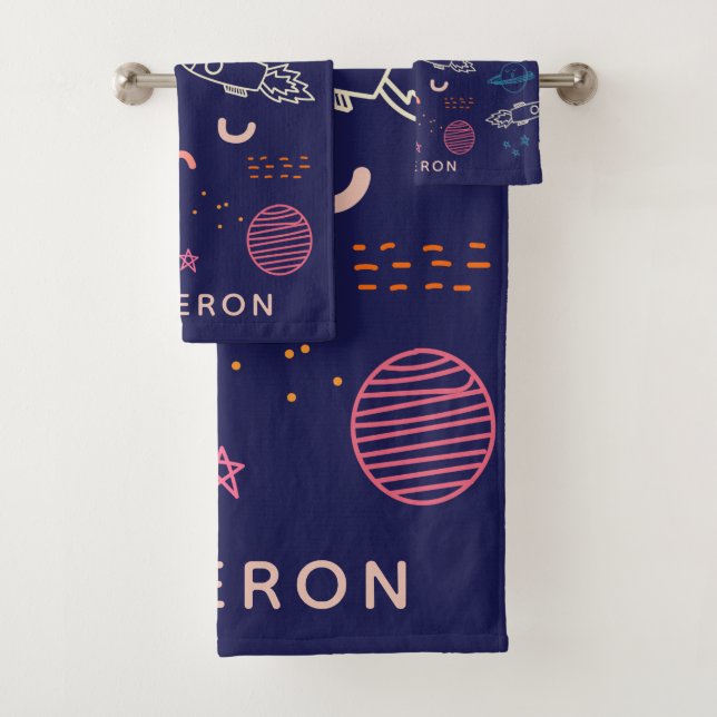 Space and Planets Doodle in Blue Personalized Bath Towel Set (Insitu)