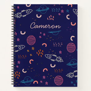 Space and Planets Doodle in Blue Personalized Notebook