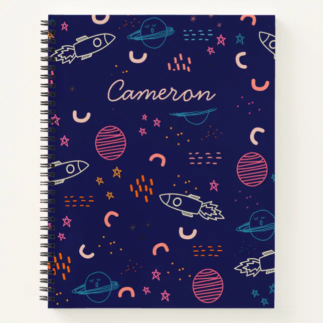 Space and Planets Doodle in Blue Personalized Notebook (Front)