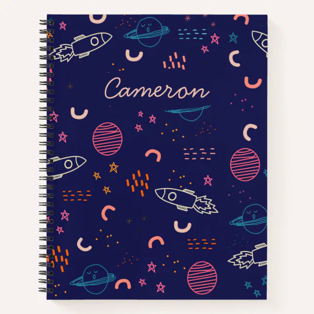 Space and Planets Doodle in Blue Personalized Notebook (Front)