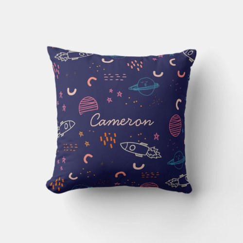 Space and Planets Doodle in Blue Personalized Throw Pillow