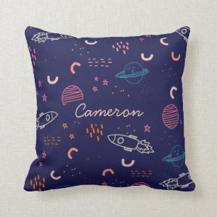 Space and Planets Doodle in Blue Personalized Throw Pillow