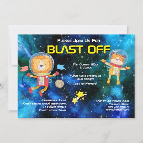 Space animal astronauts rocket ship galaxy stars invitation