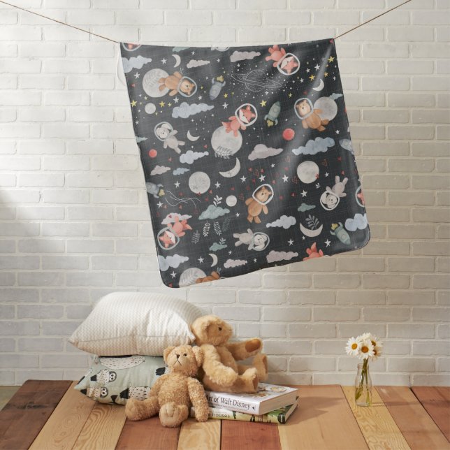 Space animals - dark steel blue texture baby blanket (In Situ)