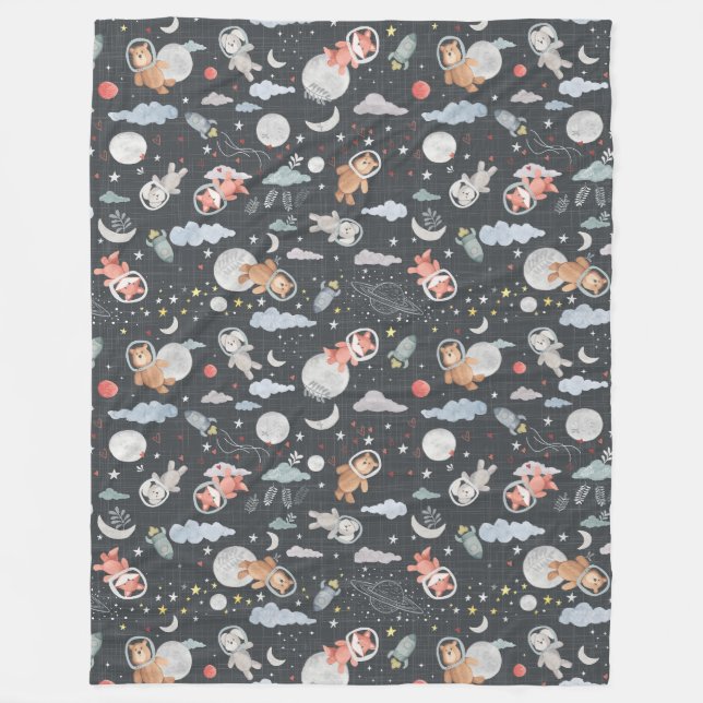 Space animals - dark steel blue texture fleece blanket (Front)