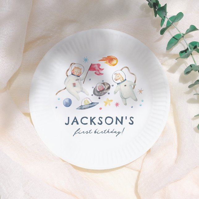 Space Animals Moon Aliens 1st Birthday Party Paper Plates (Creator Uploaded)
