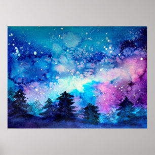 Space art at watercolor with night sky and trees poster