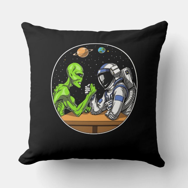 Space Astronaut Alien Arm Wrestling Funny Cosmic Throw Pillow (Front)