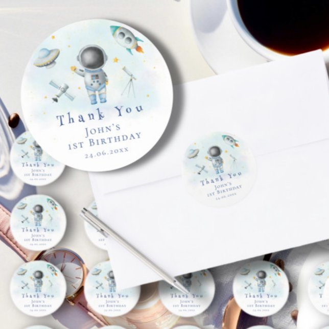 Space Astronaut Boy rockets ufo stars 1st Birthday Classic Round Sticker (Creator Uploaded)