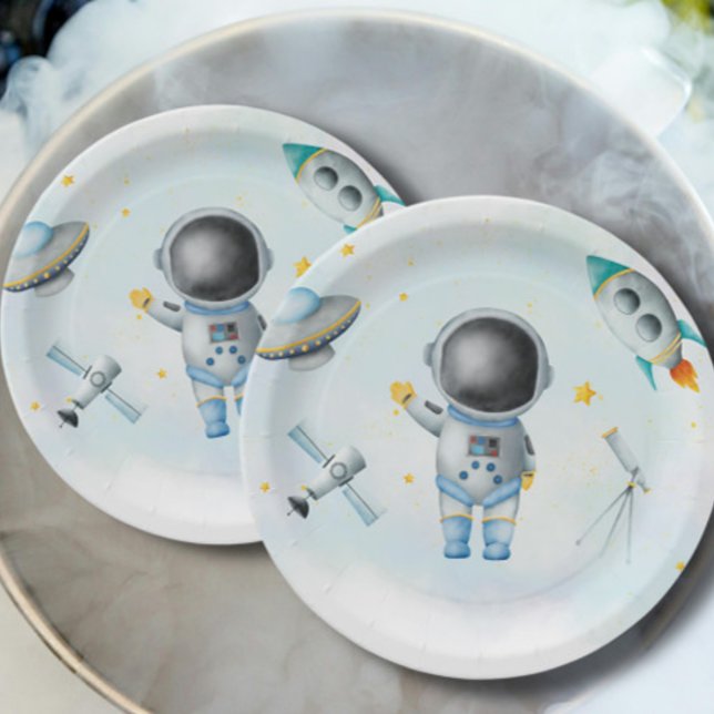Space Astronaut Boy rockets ufo stars Baby Shower Paper Plates (Creator Uploaded)