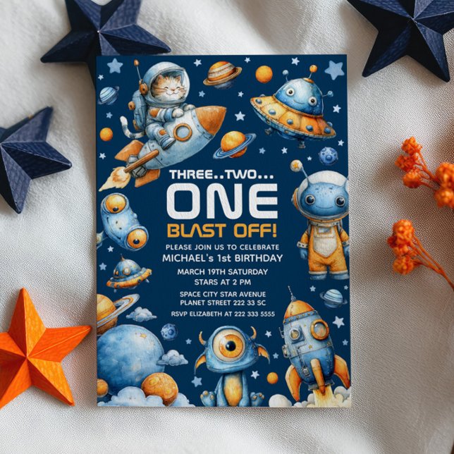 Space Astronaut Cat Blast Off Cosmic 1st Birthday Invitation (Creator Uploaded)