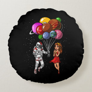 Space Astronaut Couple Cosmic Planets Balloons Round Pillow