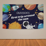 Space Astronaut First Birthday Party Banner<br><div class="desc">Outer space first birthday banner featuring a starry sky background,  planets of the solar system scattered around the edge,  a rocket ship,  astronaut,  the childs name,  and the cute saying 'first trip around the sun'.</div>