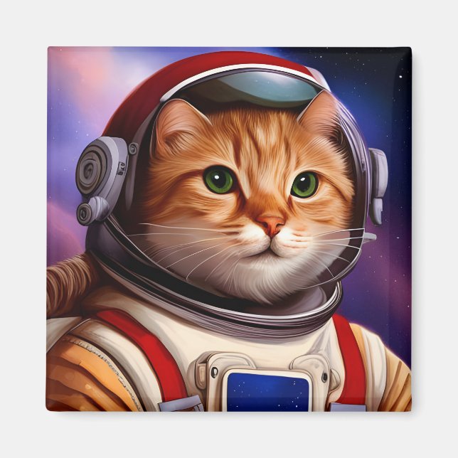 Space Astronaut Ginger Cat Illustration Magnet (Front)