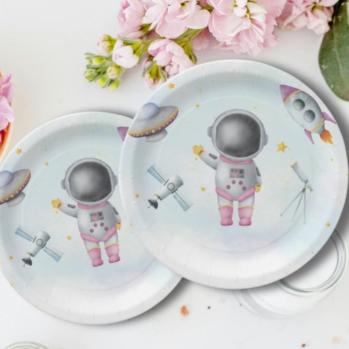 Space Astronaut Girl pink rocket stars Baby Shower Paper Plates