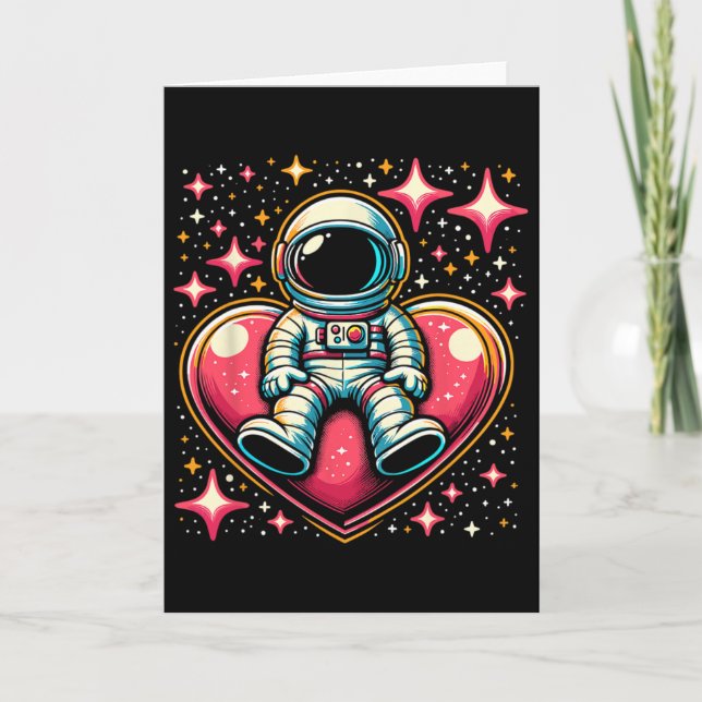 Space Astronaut Heart Lloon Valentine's Day Valent Card (Front)