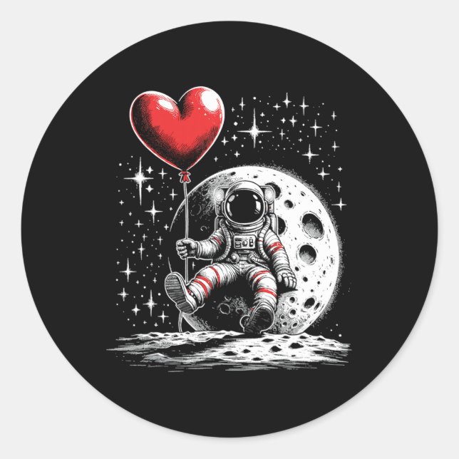 Space Astronaut Heart Lloon Valentine's Day Valent Classic Round Sticker (Front)