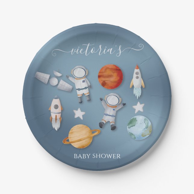 Space Astronaut Mobile Baby Shower Paper Plates (Front)